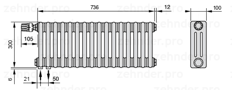 Схема (чертеж) Радиатор Zehnder Charleston 3030/16 №V001 Белый глянцевый RAL 9016